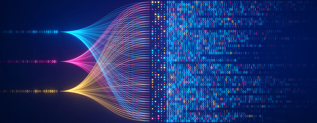 Big data technology and data science illustration. Data flow concept. Querying, analysing, visualizing complex information. Neural network for artificial intelligence. Data mining. Business analytics.