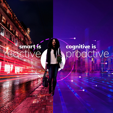 Image of a woman walking in the middle of the road, with the words "smart is reactive" on the left and "cognitive is proactive" on the right