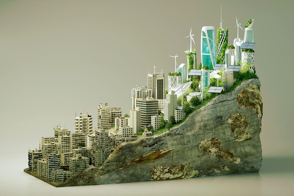 Digital generated image of abstract growing diagram made out of concrete and stone showing process of transformation from old dirty concrete urban city to sustainable futuristic cityscape. Sustainability concept.